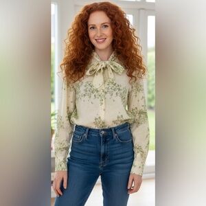 VINTAGE 1970s Unbranded Green Toile Printed Tie Front Bow Long Sleeve Blouse